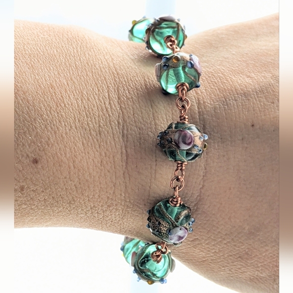 Venetian Emerald Glass Bead Copper Bracelet Textured Colorful Handmade - Picture 16 of 16